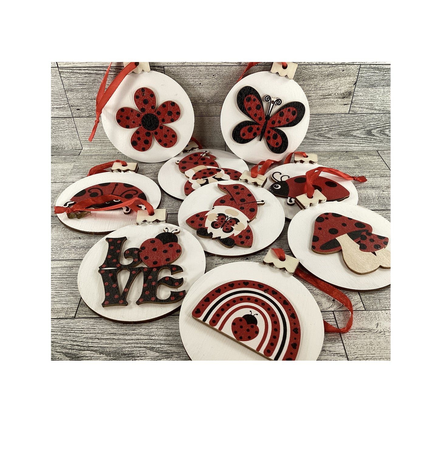 AGD Summer Decor - Ladybug Theme Layered Wood Ornaments 9pc