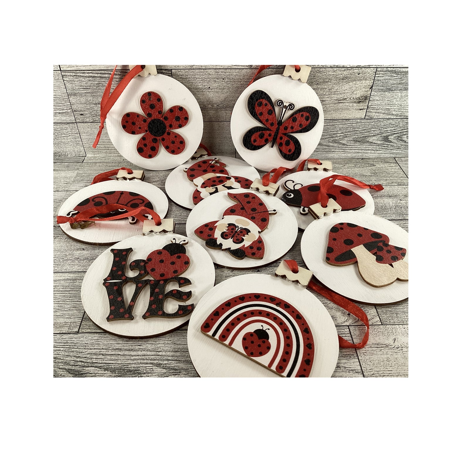 AGD Summer Decor - Ladybug Theme Layered Wood Ornaments 9pc