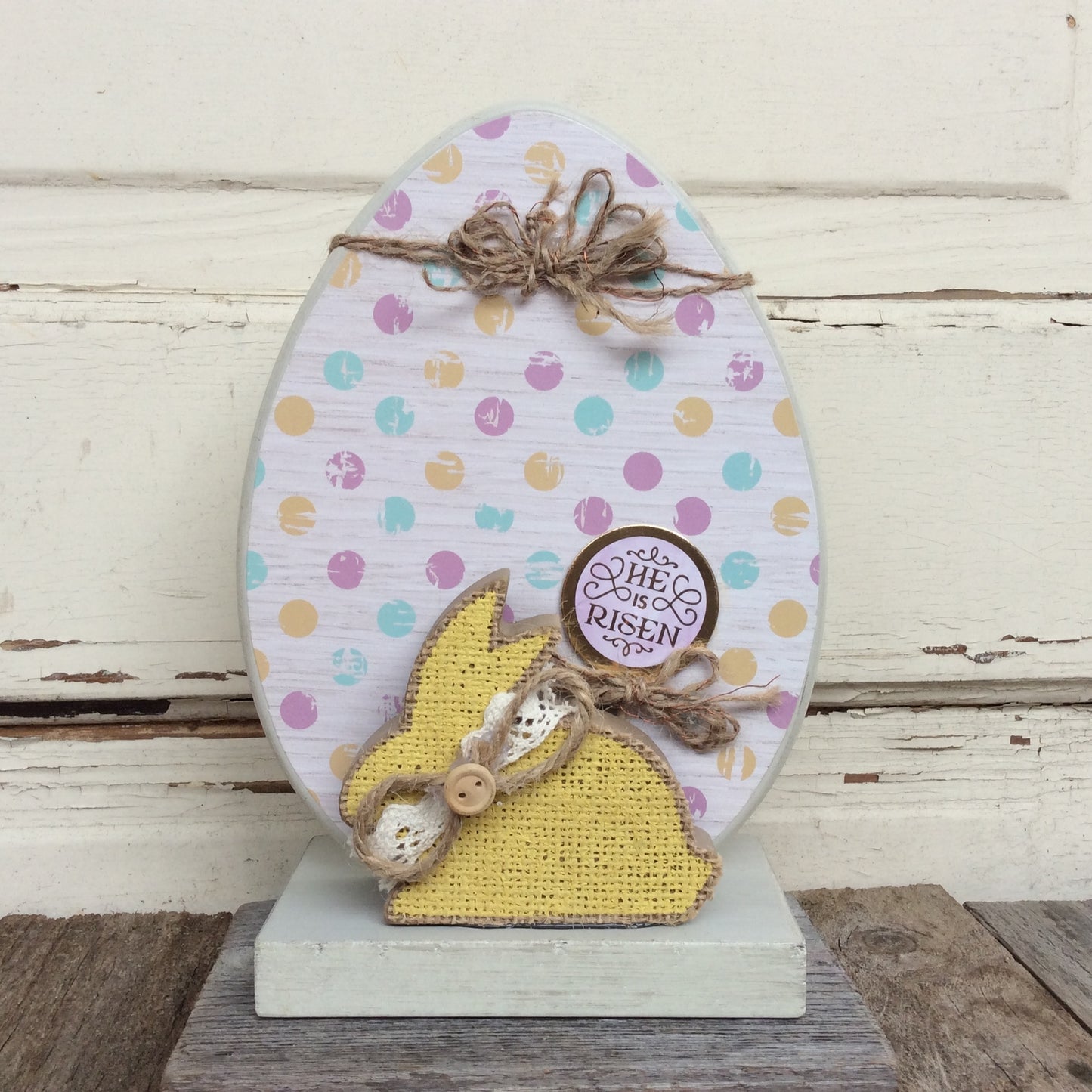 AGD Easter Decor - Gold and Burlap He Is Risen Egg and Bunny Display