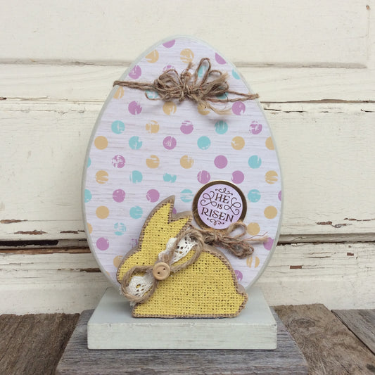 AGD Easter Decor - Gold and Burlap He Is Risen Egg and Bunny Display