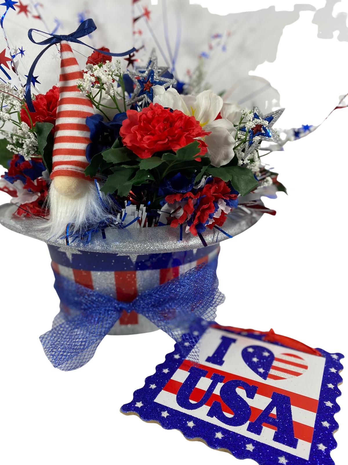 AGD Patriotic Decor  - Love the USA July 4th Gnome Floral Hat Centerpiece