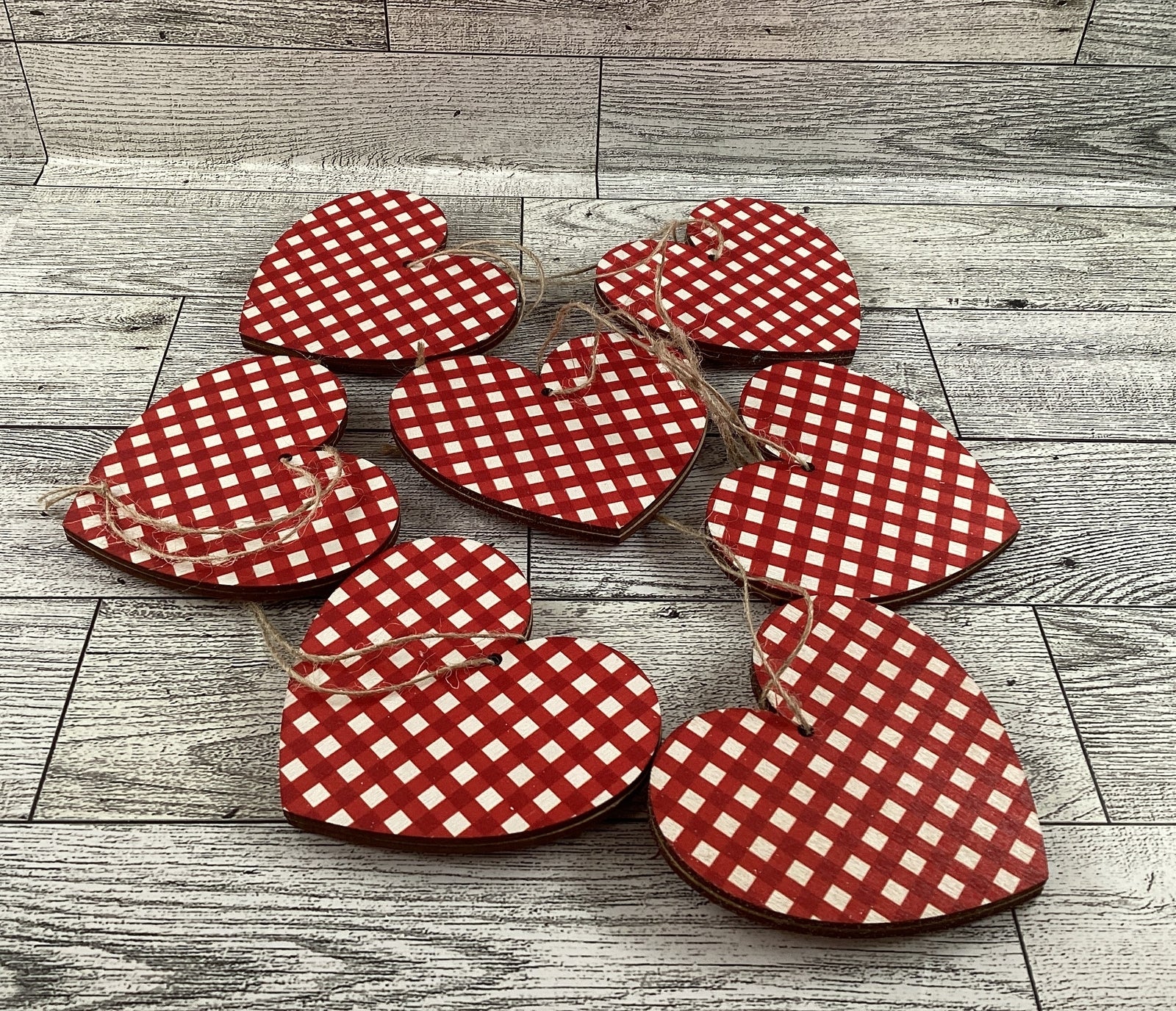 AGD Valentines Decor - Pink Red White Plaid Layer Wood Ornaments 7pc