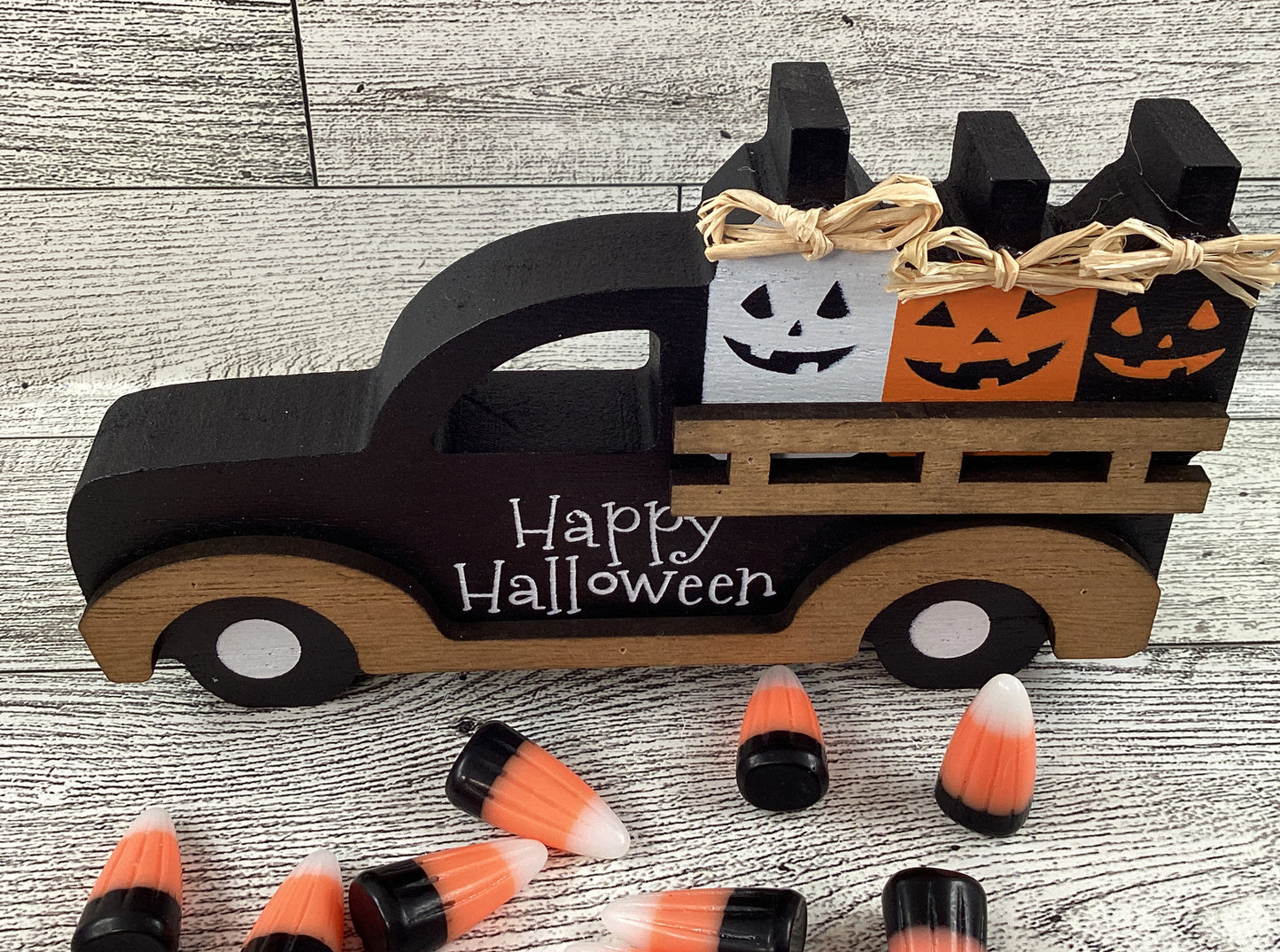 CWI Halloween Decor - Jack O Lantern Wood Truck Fake Candy Corn