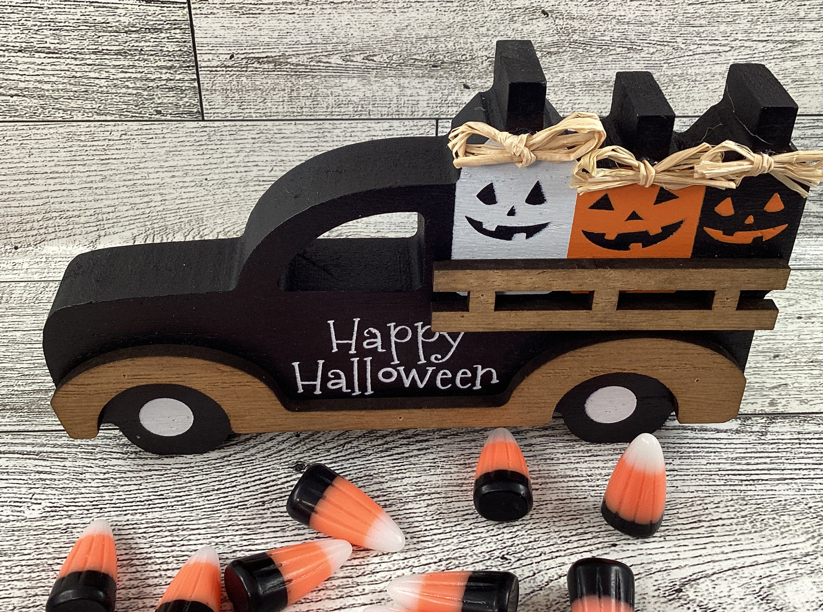 CWI Halloween Decor - Jack O Lantern Wood Truck Fake Candy Corn