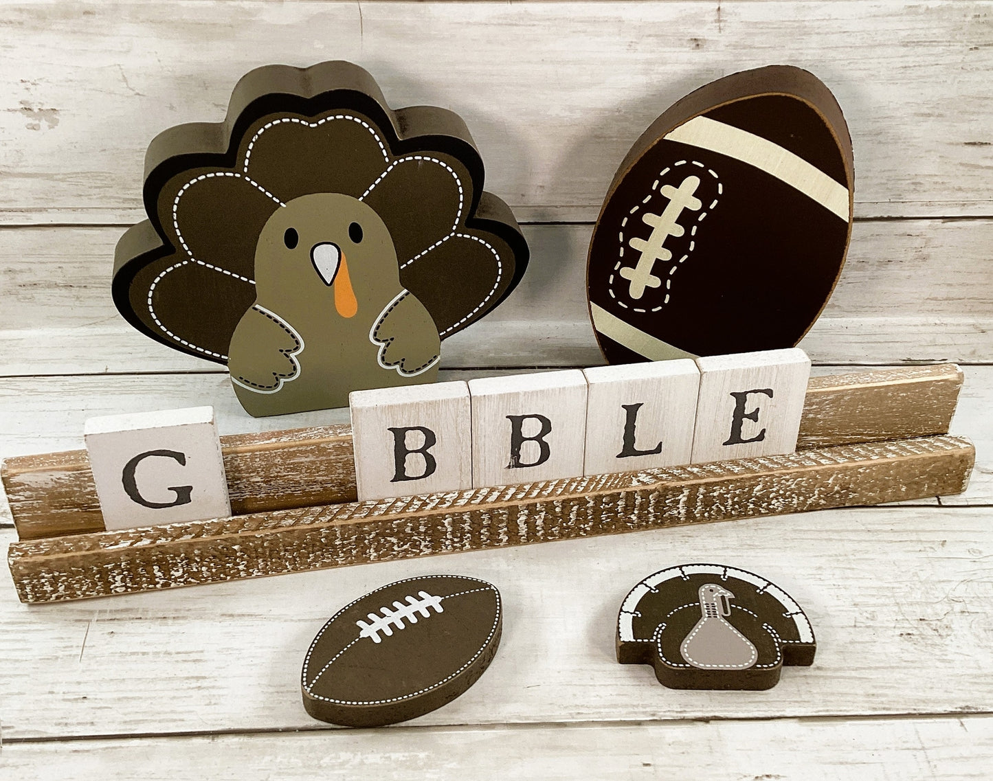 LS Adams Fall Decor - Gobble Tile Sign Turkey Football 3pc Set