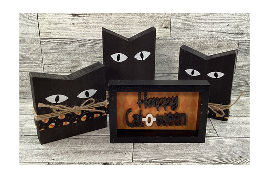 AGD Halloween Decor - Happy Cat O Ween Chunky Wood Cats 4pc Set