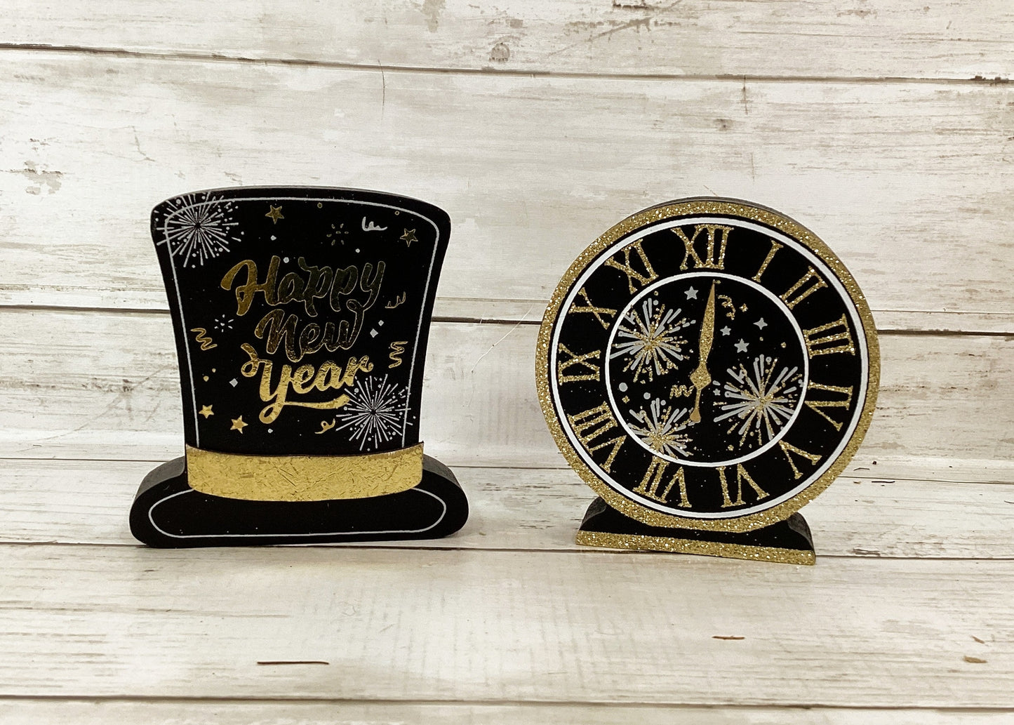 HL New Year's Eve Decor - Top Hat Clock Wood Sign Sitters 2pc