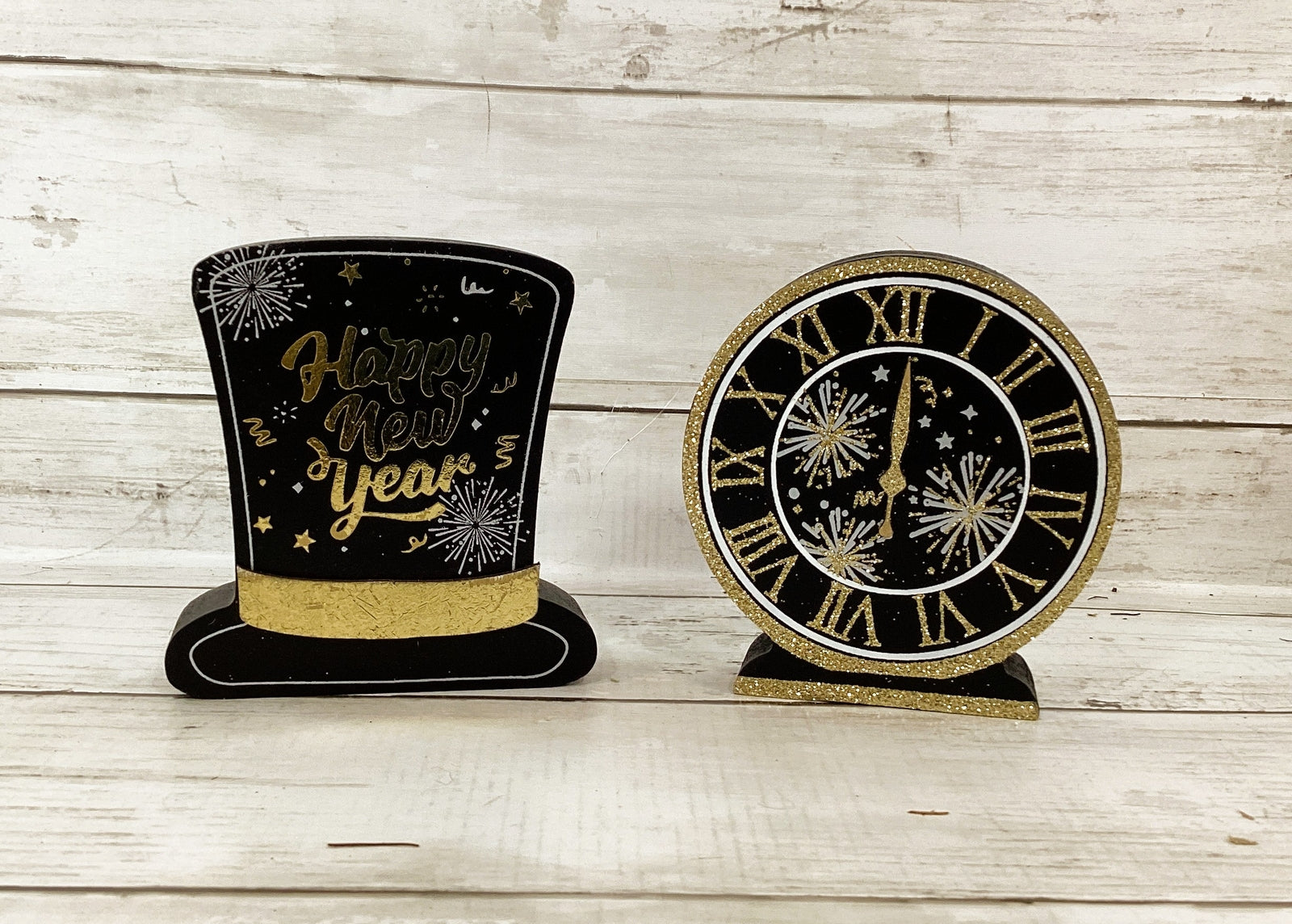 HL New Year's Eve Decor - Top Hat Clock Wood Sign Sitters 2pc