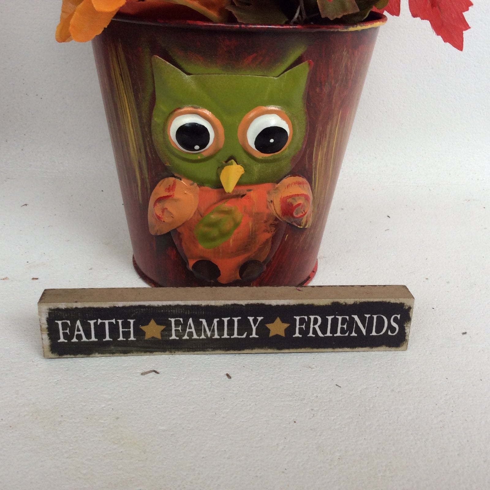 AGD Fall Decor - Owl Tin Filled Artificial Floral Display