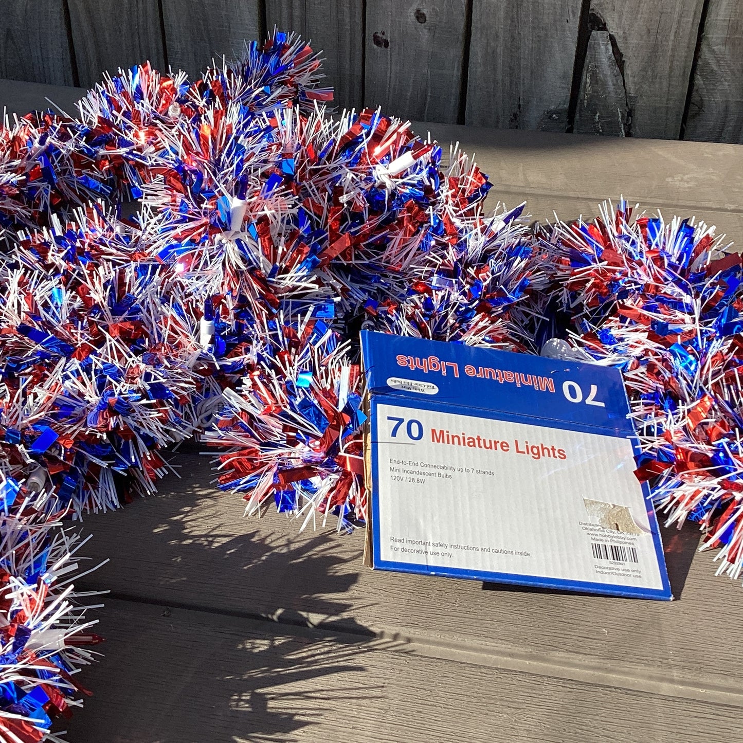 AGD Patriotic Decor -  Red White Blue Metallic Thick Tinsel Lighted Garland 12ft