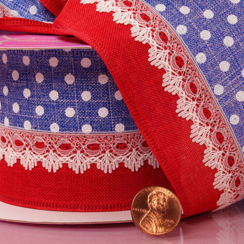 Paper Mart Wire Edge Floral Ribbon - Prim Patriotic American Colors 2 1/2" 10yds