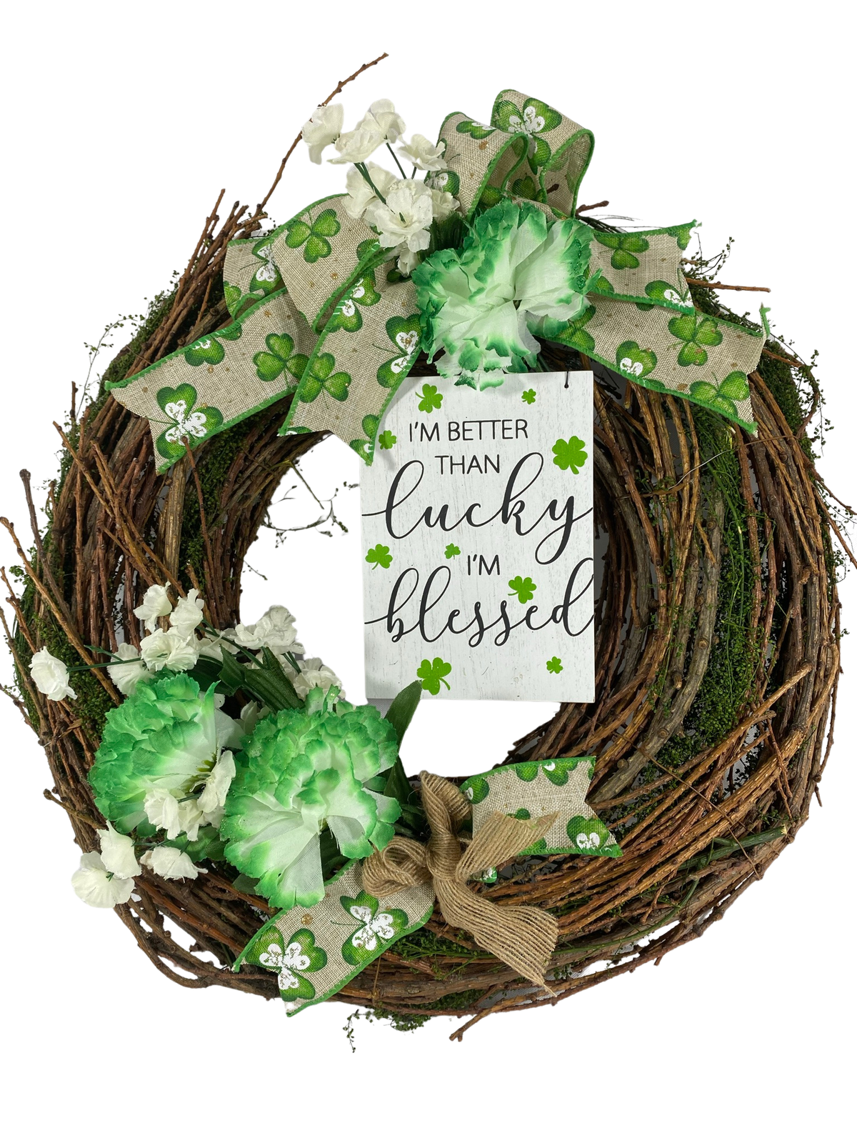 AGD ST Patricks Decor - Lucky and Blessed Sweet Annie Moss Twig  Wreath