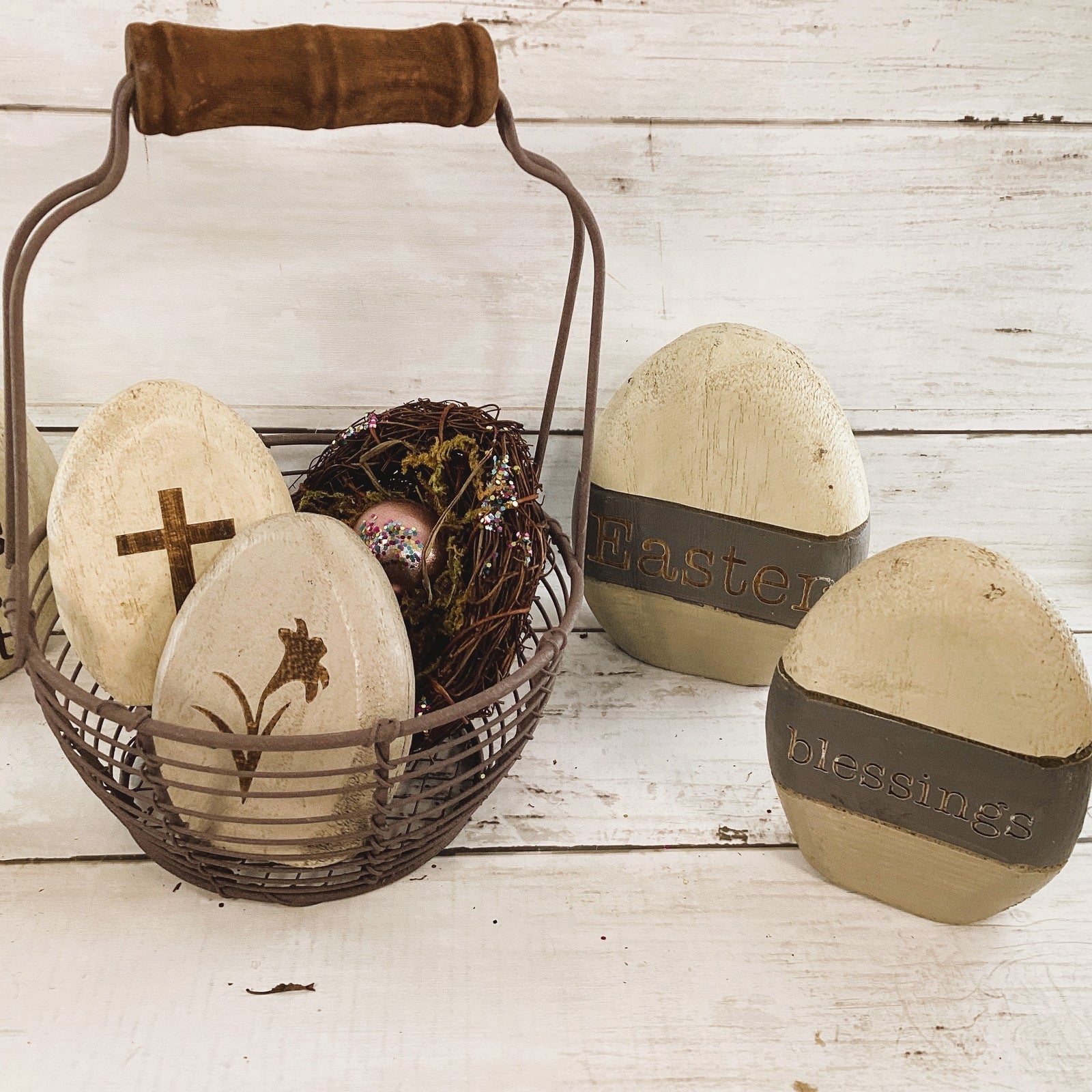 CWI Easter Decor - Prim Egg Basket Wood Eggs Birds Nest Bundle