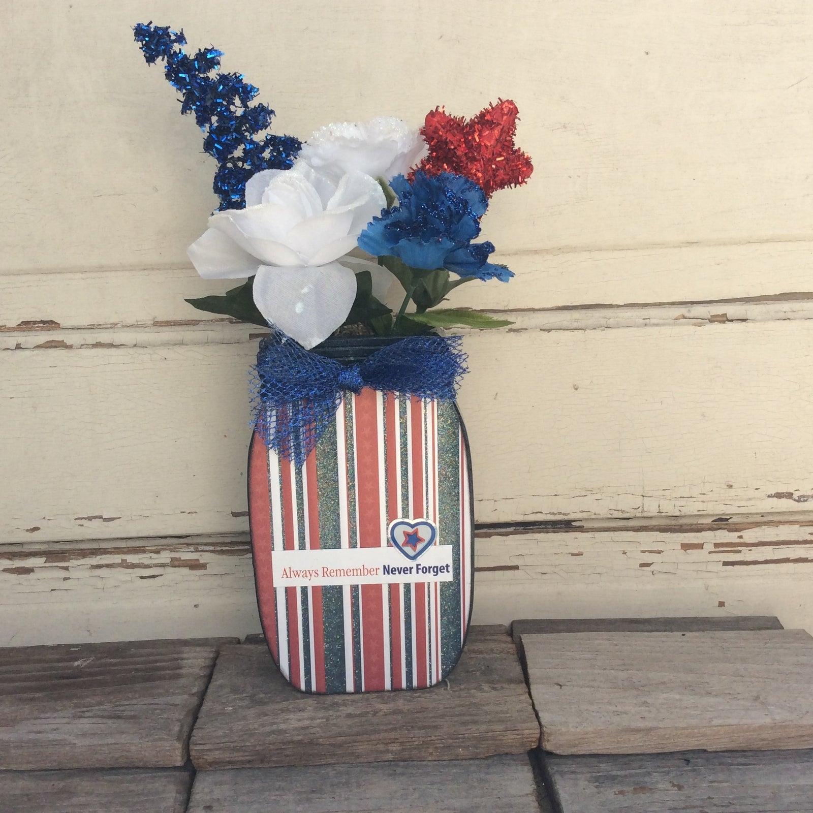 AGD Patriotic Decor - Always Remember 911 Floral Wood Mason Jar Display