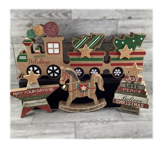AGD Christmas Decor - Chunky Rocking Horse Train Bulbs Tier Tray 4pc Set