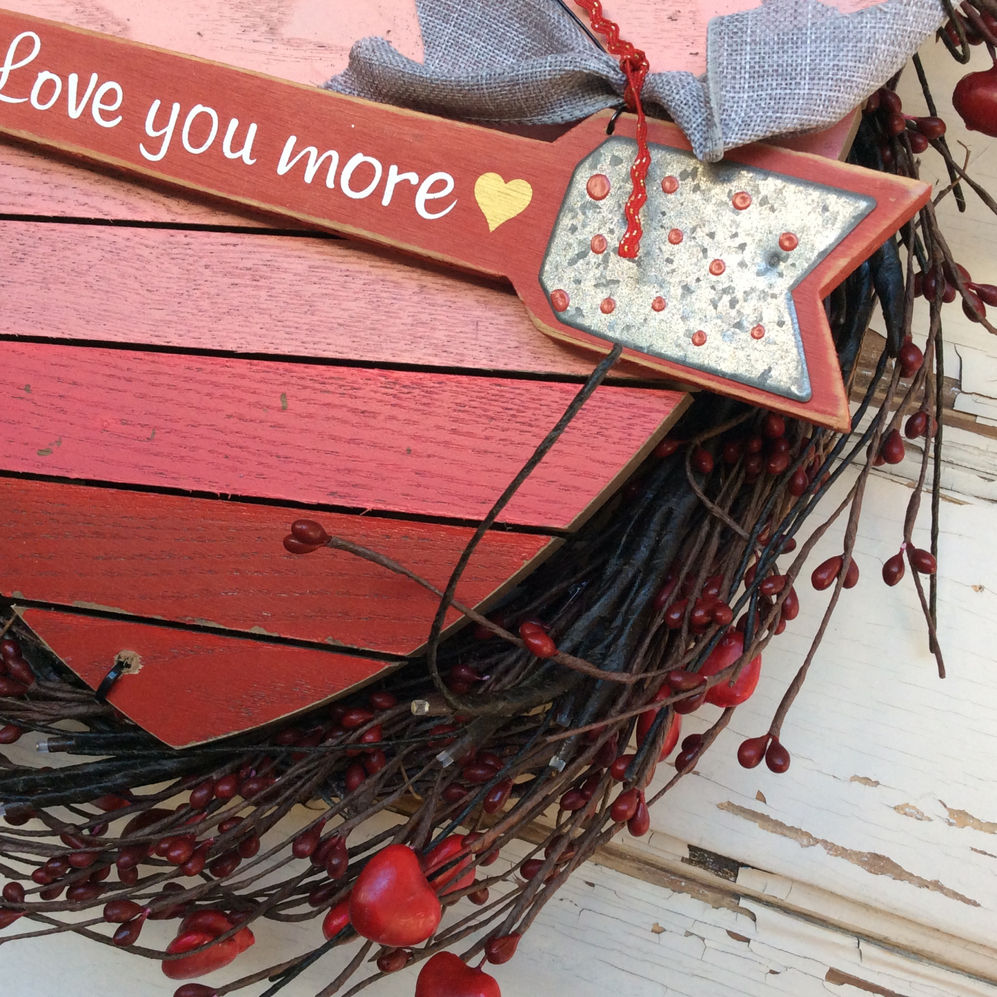 AGD Valentines Decor - Red Pipberry Arrow Love You More Lighted Wreath