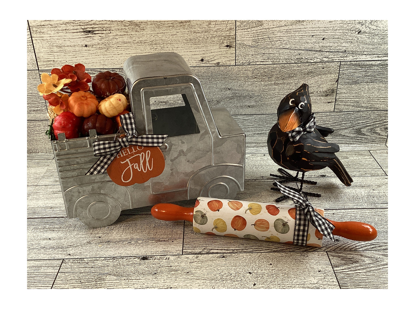 AGD Fall Decor - Pumpkin Filled Metal Truck Rolling Pin Crow 3pc