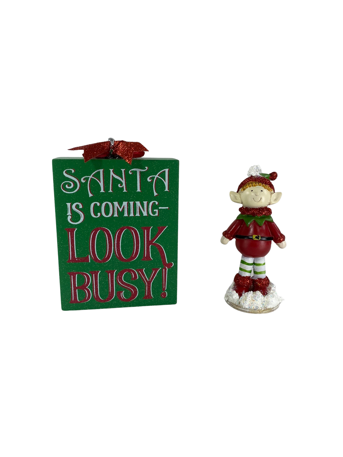 AGD Christmas Decor - Santa Coming Resin Elf Figurine Tier Tray 2pc Set