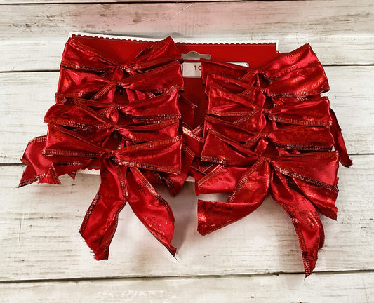 WM Christmas Decor - Small Ribbon Fabric Bows Metallic Shiny Red 10pc