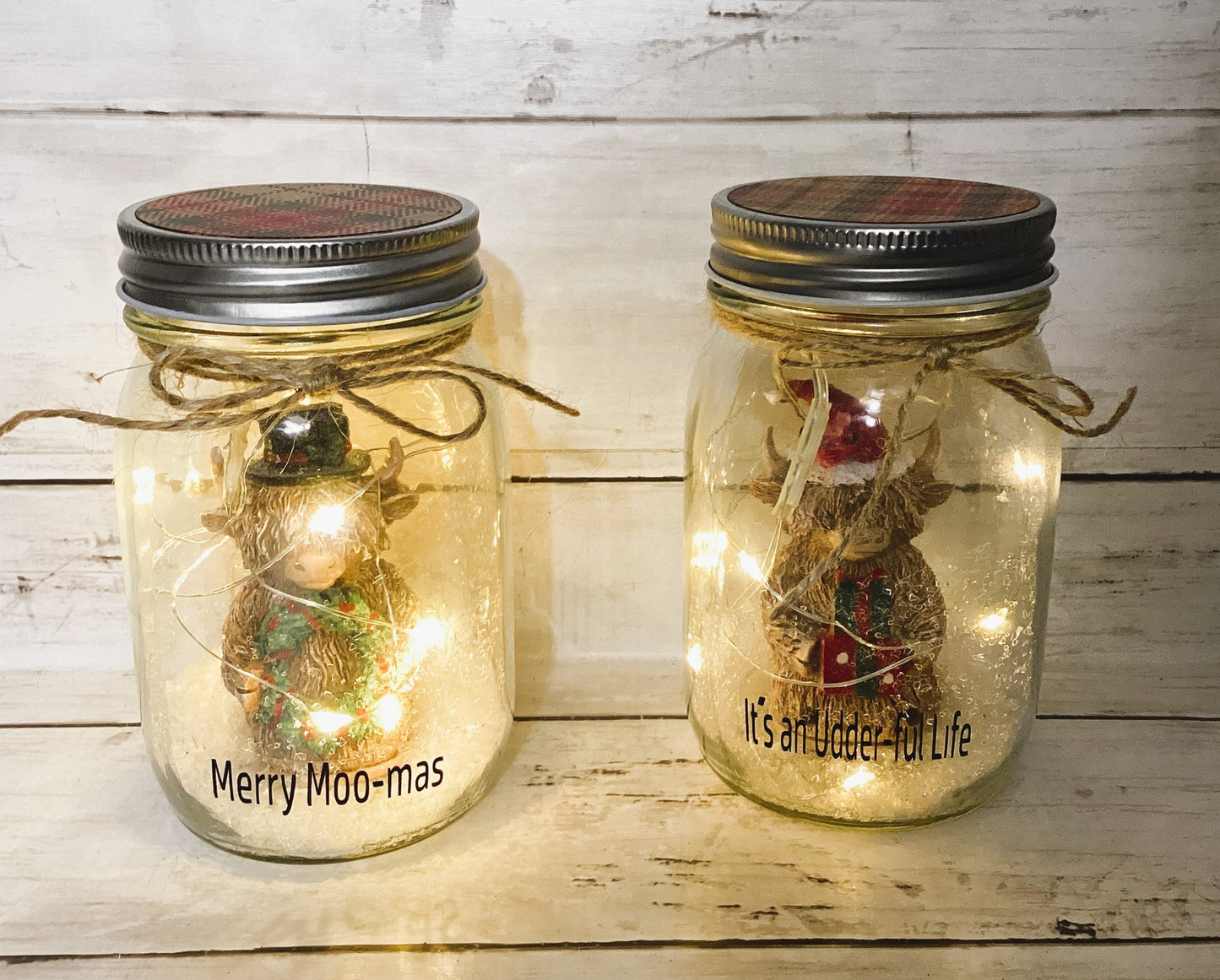 AGD Christmas Decor - Highland Scottish Cow Lighted Mason Jars 2pc