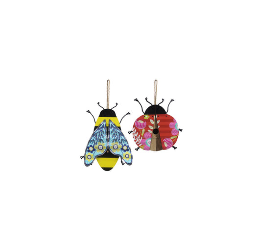 Youngs Spring Summer Decor - Wood Metal Bee and Ladybug Birdhouses