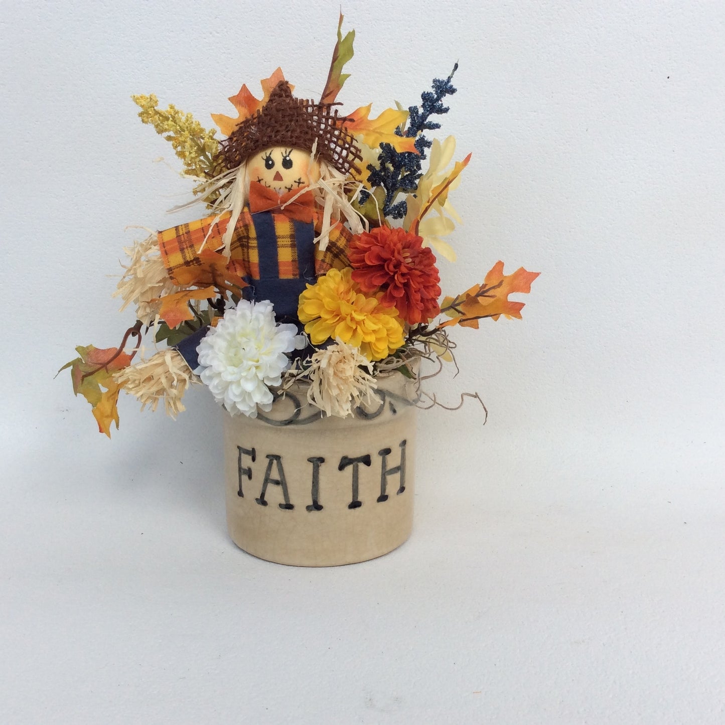 AGD Fall Decor - Faith Floral Flower Scarecrow Crock Display