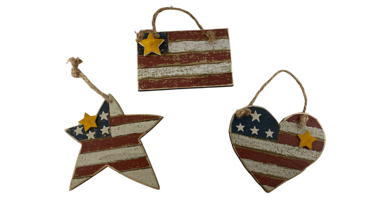 AGD Patriotic Decor - Prim Heart Flag Star Ornaments 3pc Set