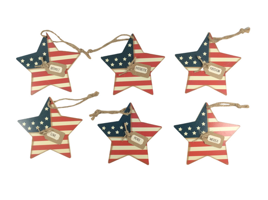 AGD Patriotic Decor - Farm House Americana Wood Star Ornaments 6pc