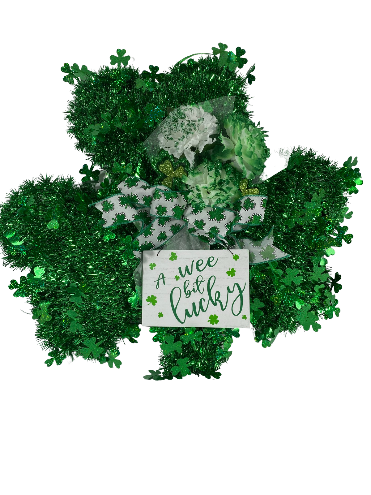 AGD St Patrick's Decor - Green Tinsel Shamrock Wee Bit Lucky Wreath