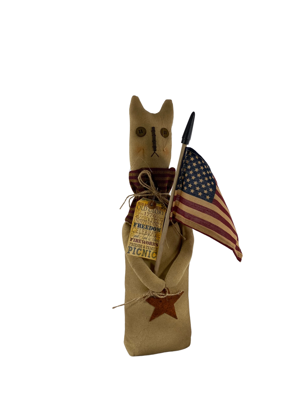 AGD  Patriotic Decor - Prim Old Glory July 4th Fabric Barn Tan Cat Doll
