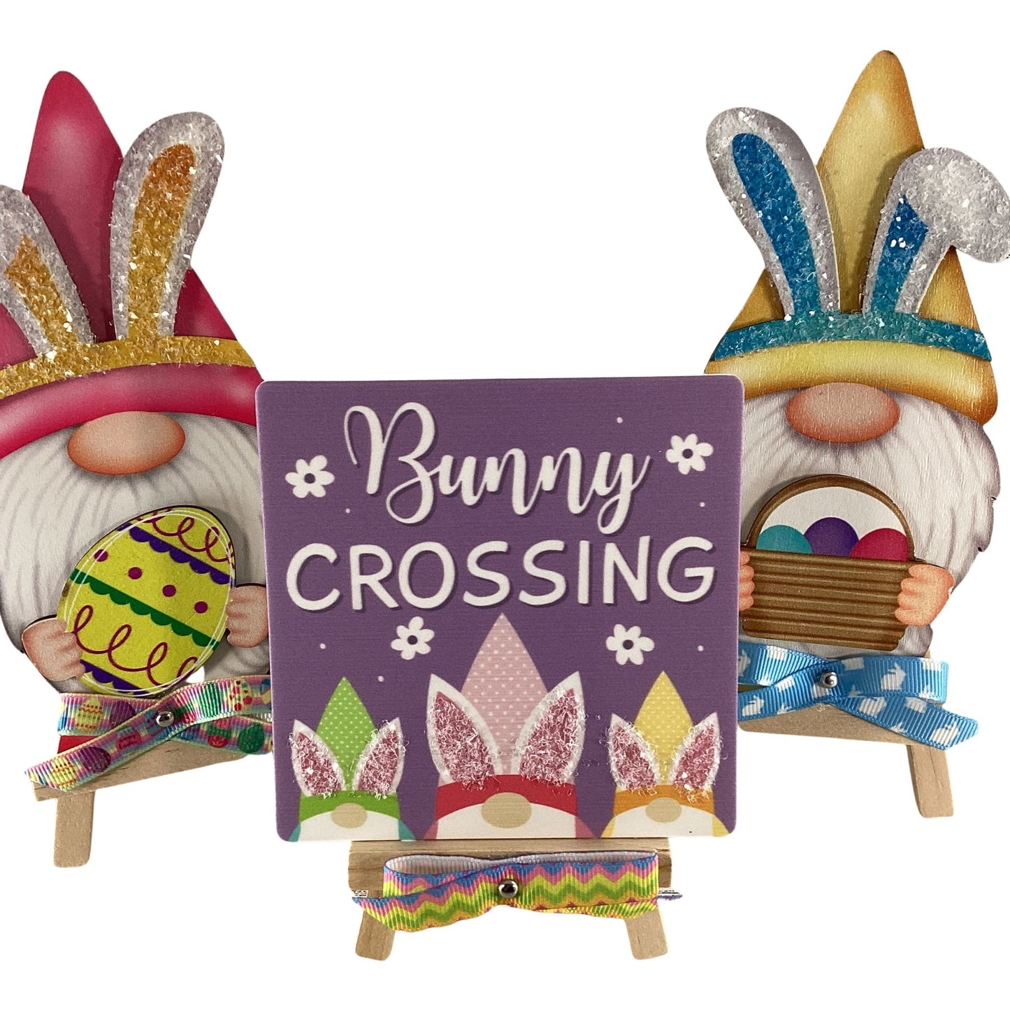 AGD Easter Decor - Wood Gnome Glitter Bunny Rabbit Tier Tray 3pc Set
