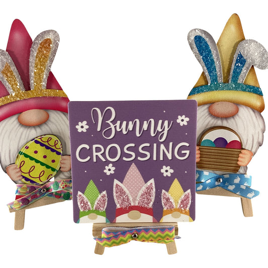 AGD Easter Decor - Wood Gnome Glitter Bunny Rabbit Tier Tray 3pc Set