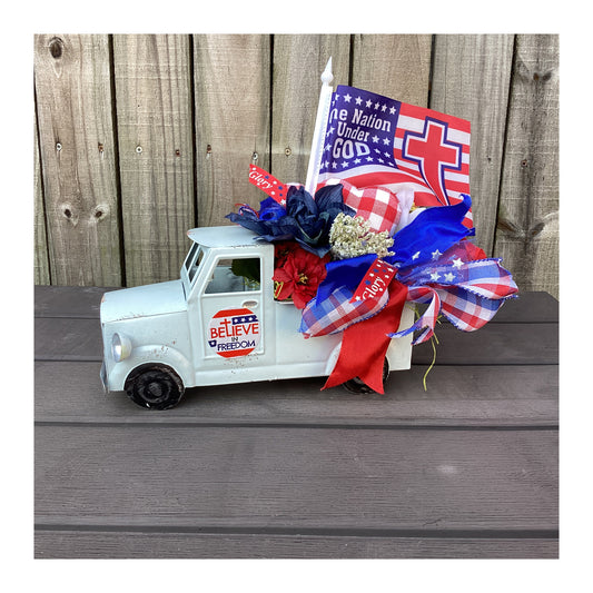 AGD Patriotic Decor - Vintage Metal Truck Floral Music Box Centerpiece