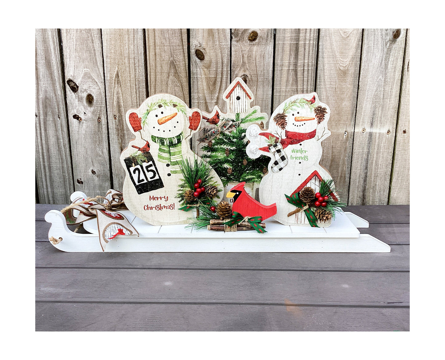 AGD Christmas Decor - Snowmen Cardinal on Sled Mantle Centerpiece 24inch