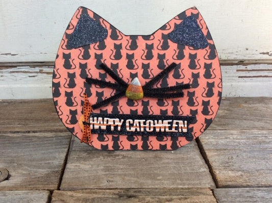 AGD Halloween Decor - Happy Cat O Ween Face Tabletop Sign