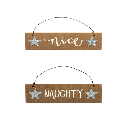 PBK Christmas Decor - Naughty & Nice Wood Small Sign Ornaments 2pc