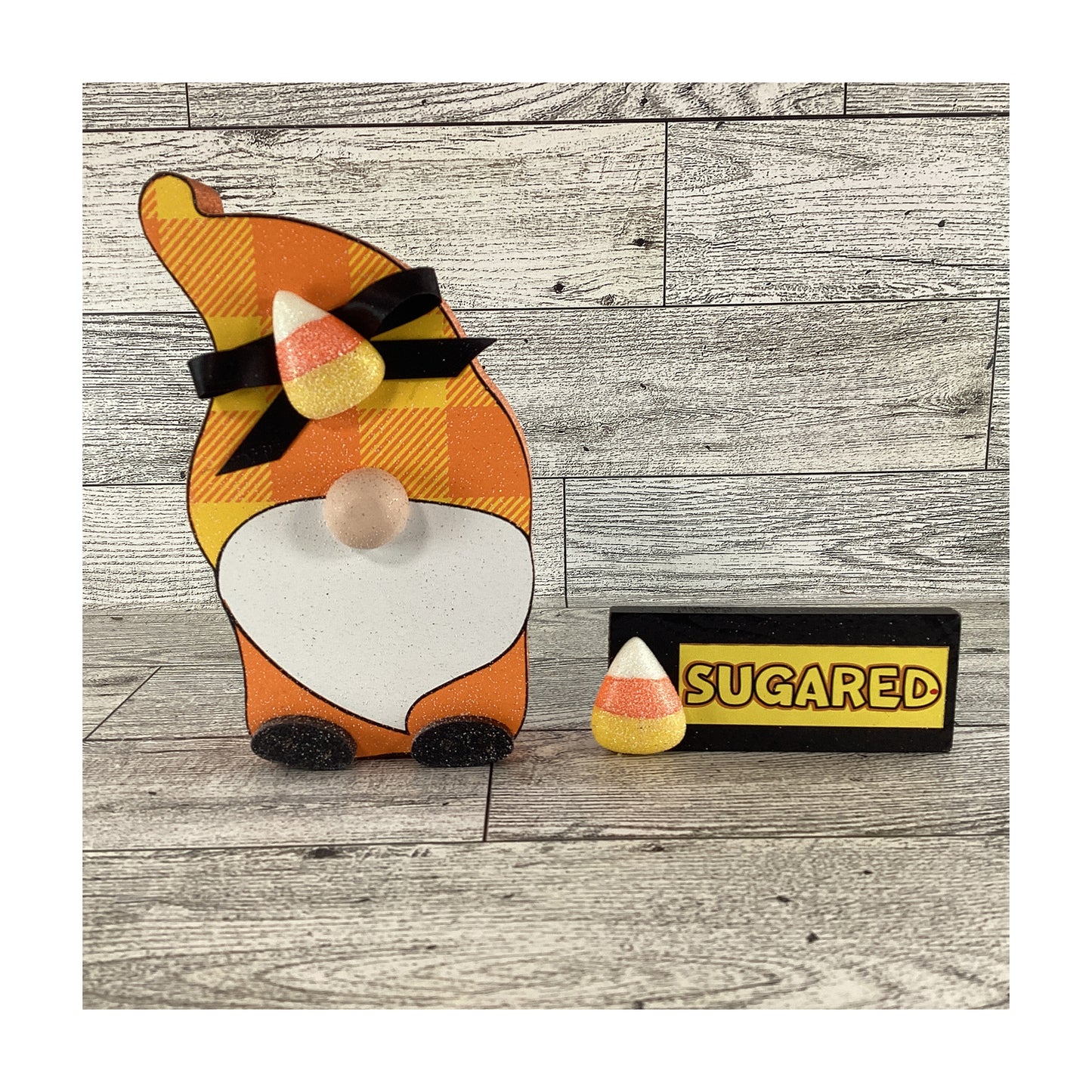 AGD Halloween Decor -  Candy Corn Sugared Gnome and Sign 2pc Set