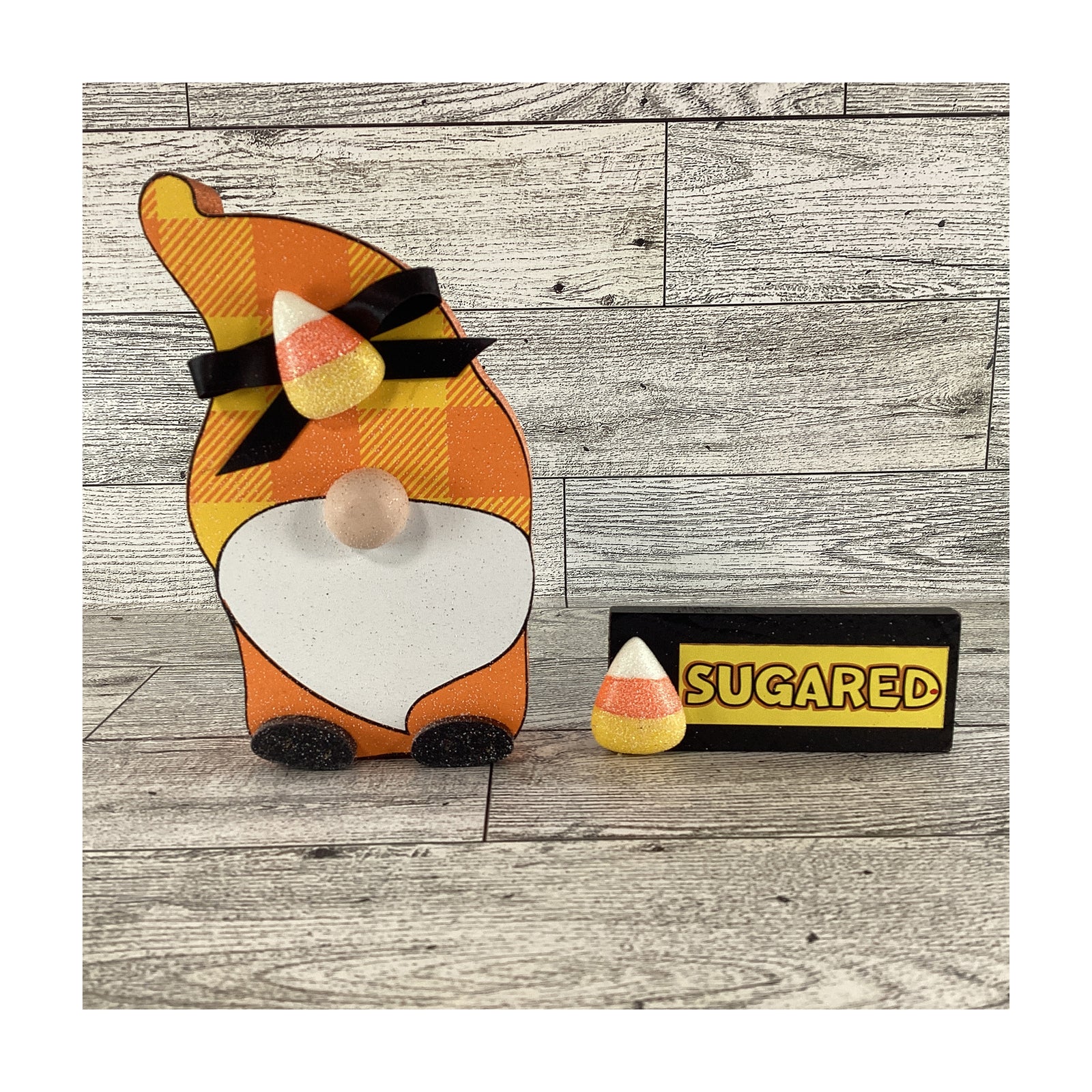 AGD Halloween Decor -  Candy Corn Sugared Gnome and Sign 2pc Set