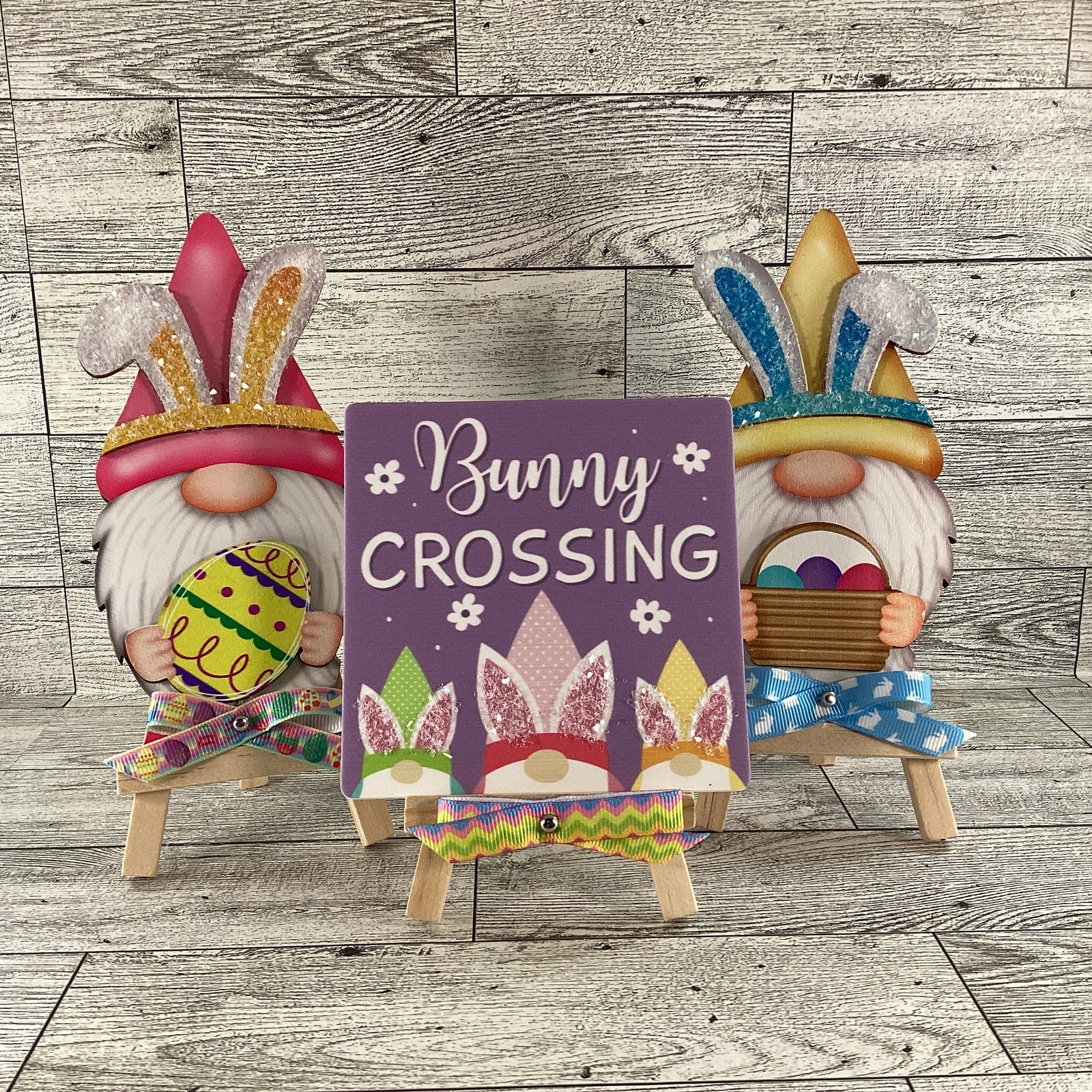 AGD Easter Decor - Wood Gnome Glitter Bunny Rabbit Tier Tray 3pc Set