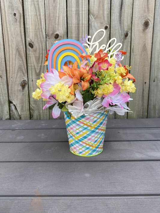 AGD Spring Decor - Hello Spring Bright Color Plaid Tin Floral Display