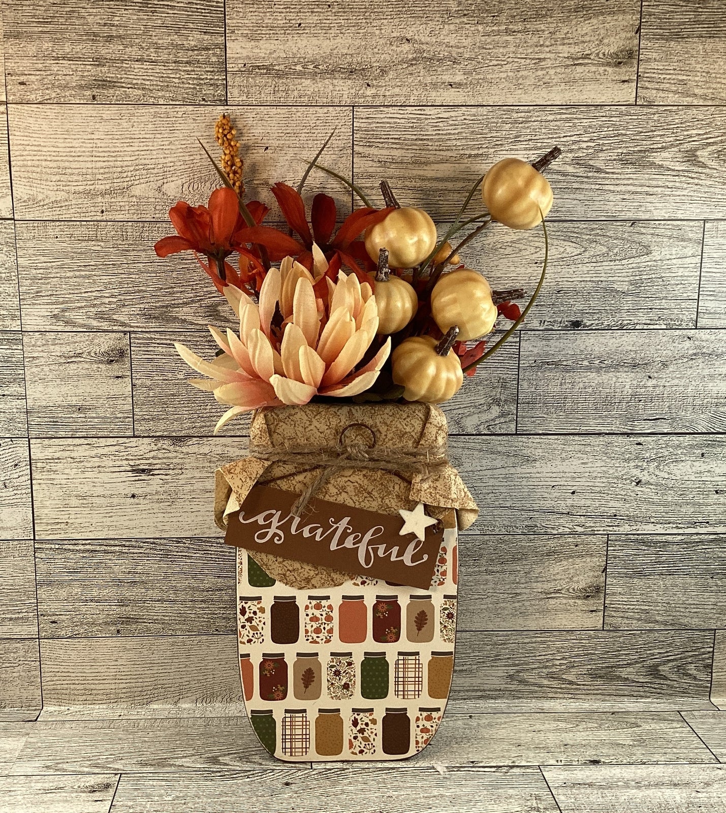 AGD Fall Decor - Autumn Grateful Thankful Floral Wood Mason Jar Display
