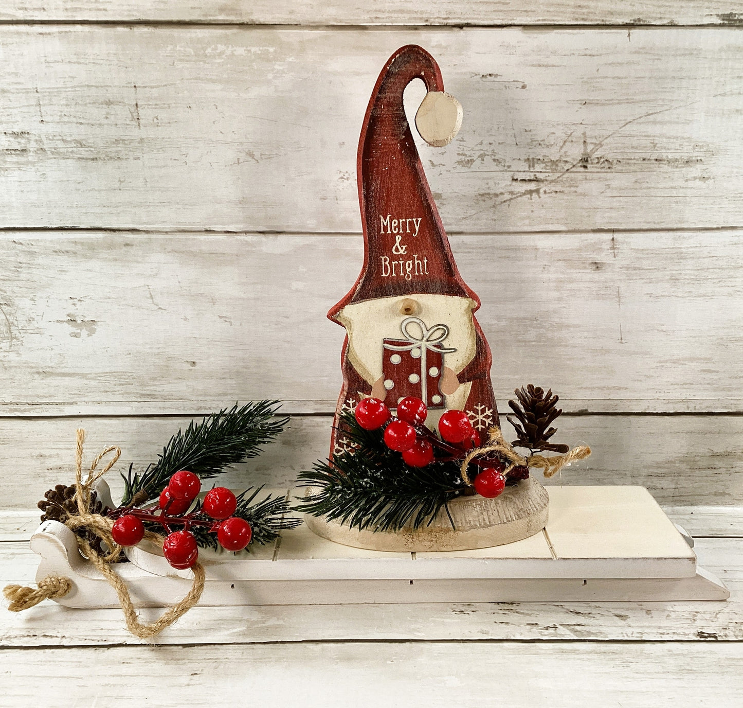 AGD Christmas Decor - Farmhouse Prim Gnomes Sled Tier Tray 5pc Set