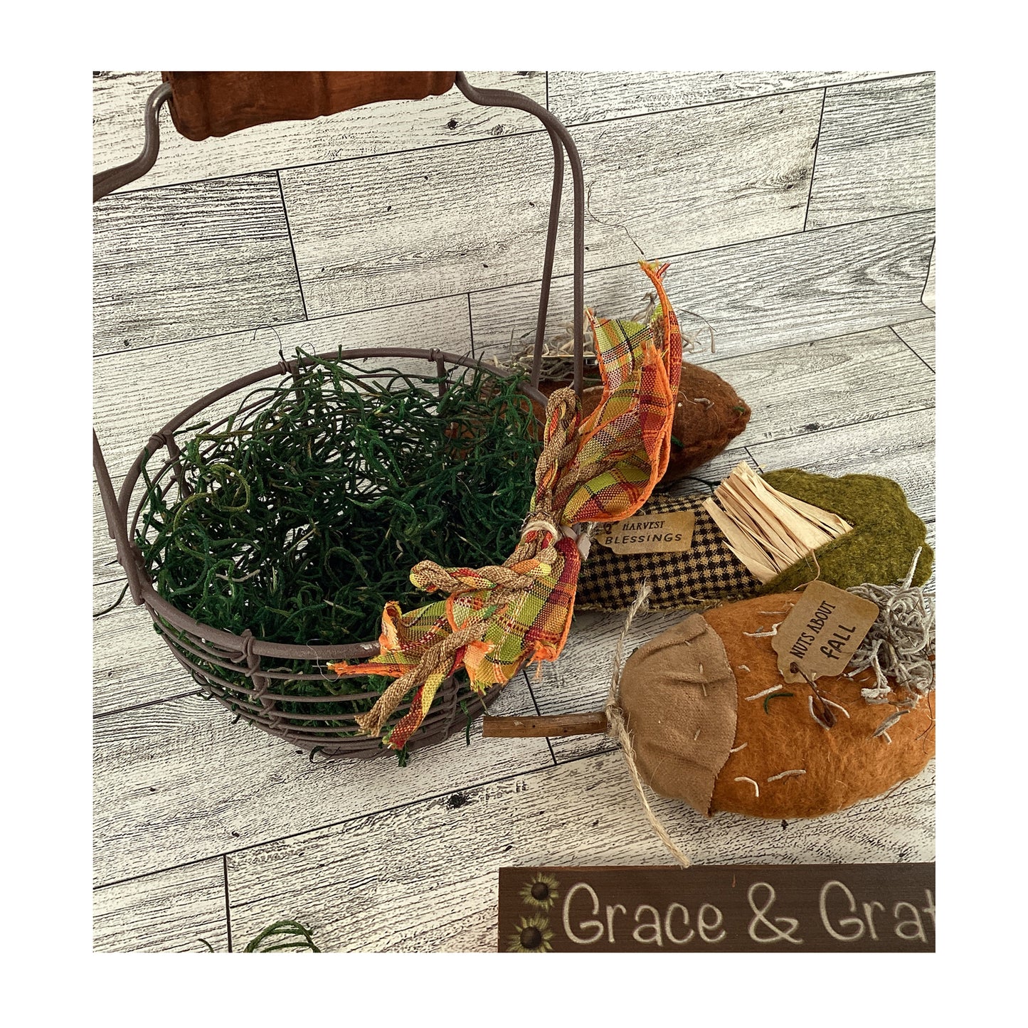 AGD Fall Decor - Metal Basket Filled with Fabric Pumpkin Corn Veggies