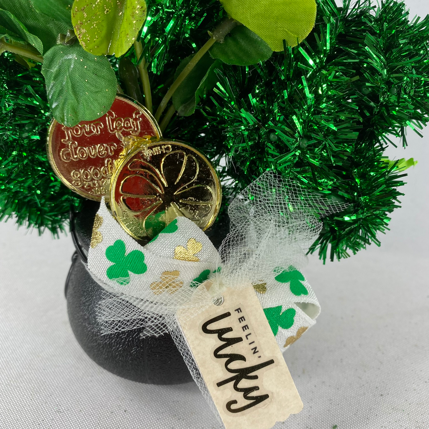 AGD St Patrick's Decor -  Tinsel Shamrock Black Pot Of Gold Display