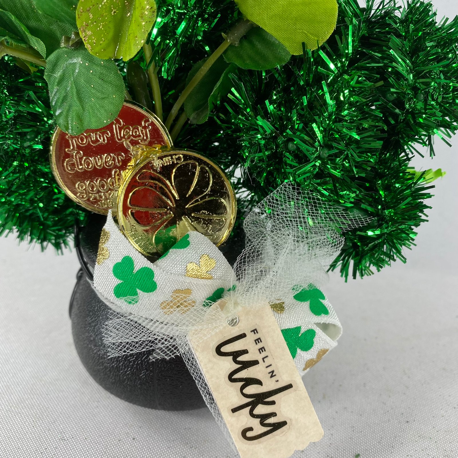 AGD St Patrick's Decor -  Tinsel Shamrock Black Pot Of Gold Display
