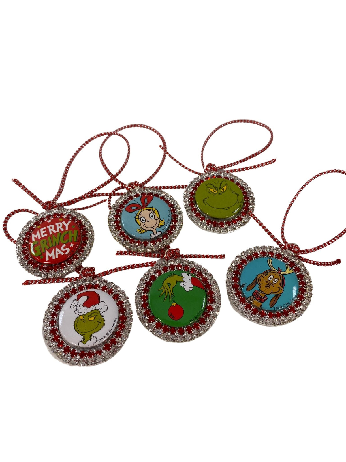 AGD Christmas Decor - Green Monster Rhinestone Bottle-cap Ornaments 6pc Set