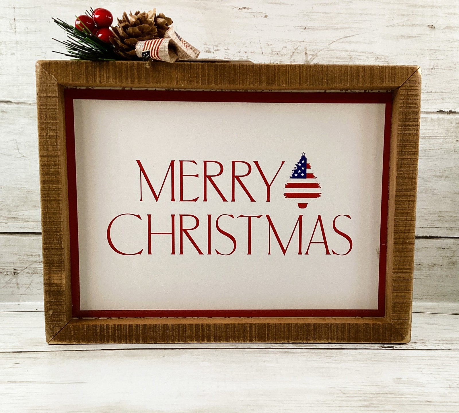 AGD Christmas Decor - American Patriotic Red White Blue Theme Inset Box Sign