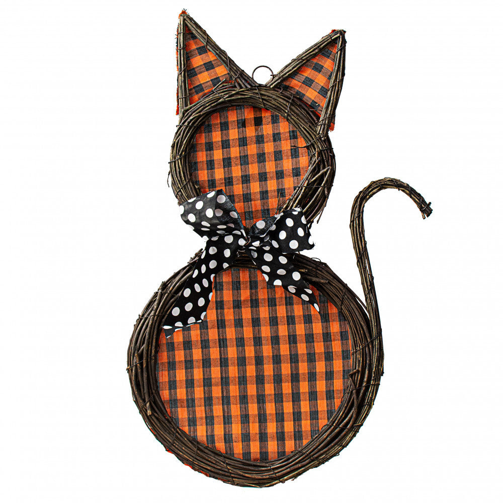CO Halloween Decor - Fabric and Brown Grapevine Cat Door Wreath