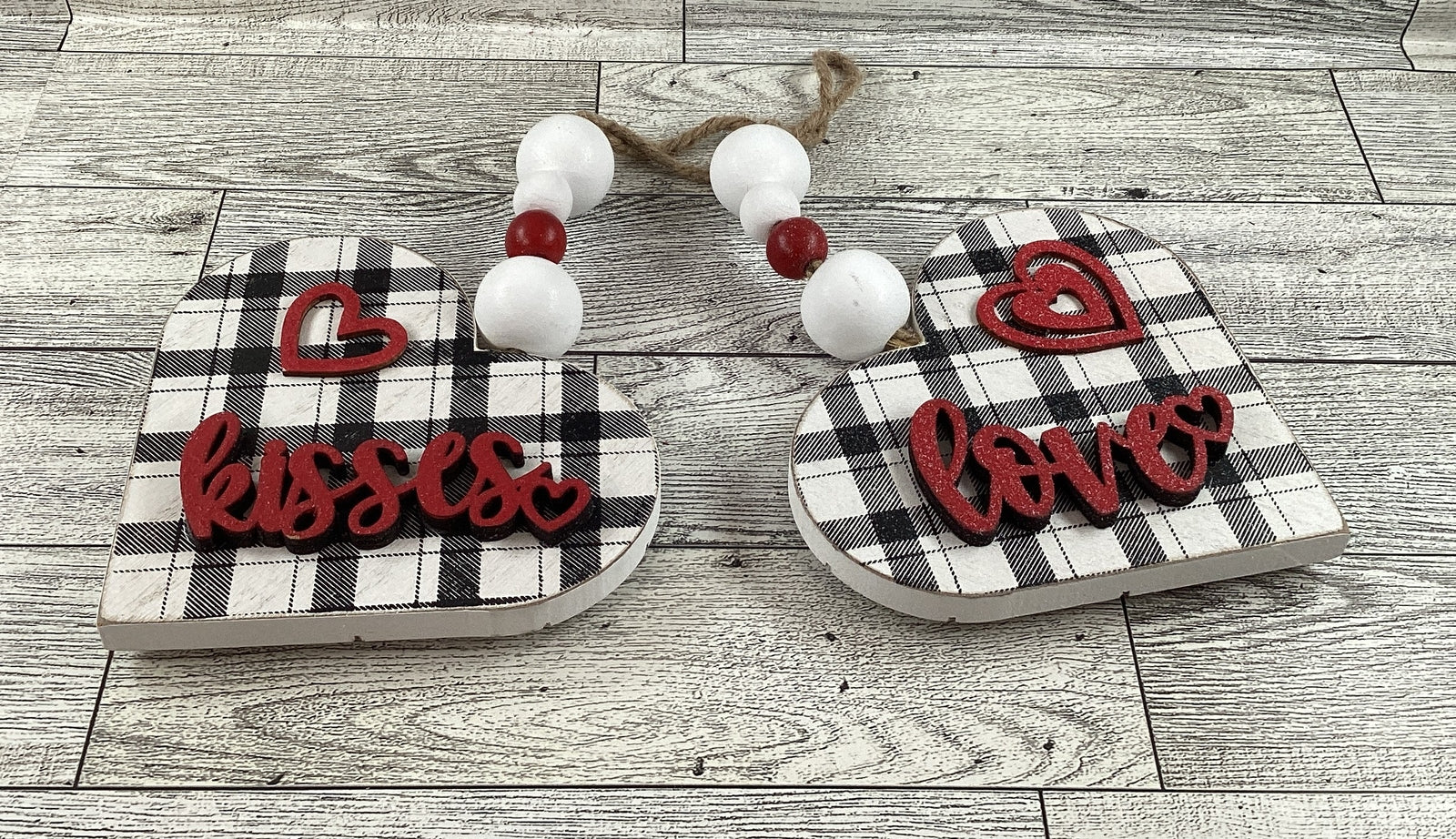 AGD Valentines Decor - Buffalo Plaid Layer Wood Ornaments 2pc Set