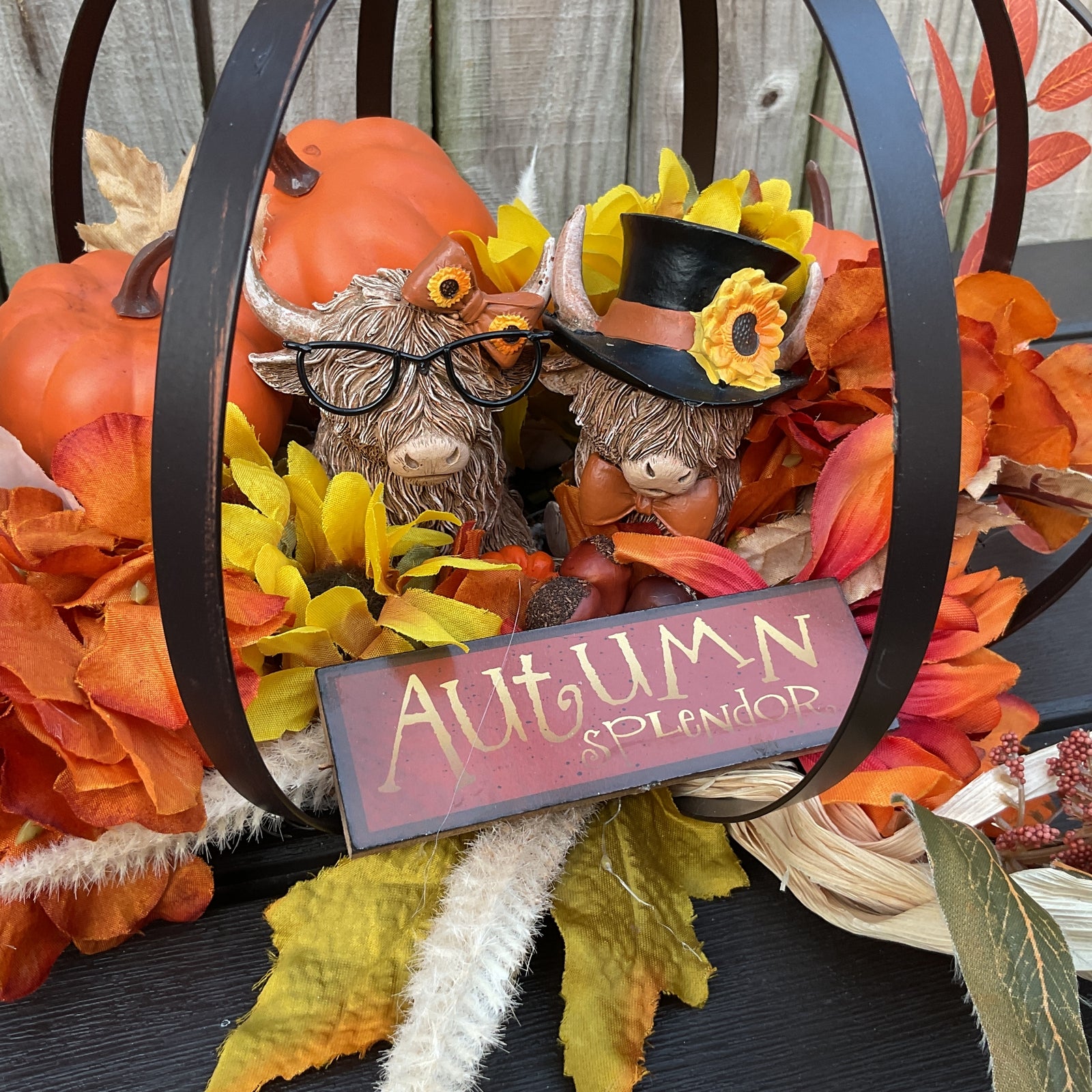 AGD Fall Decor -Highland Cow Metal Pumpkin Floral Centerpiece Display